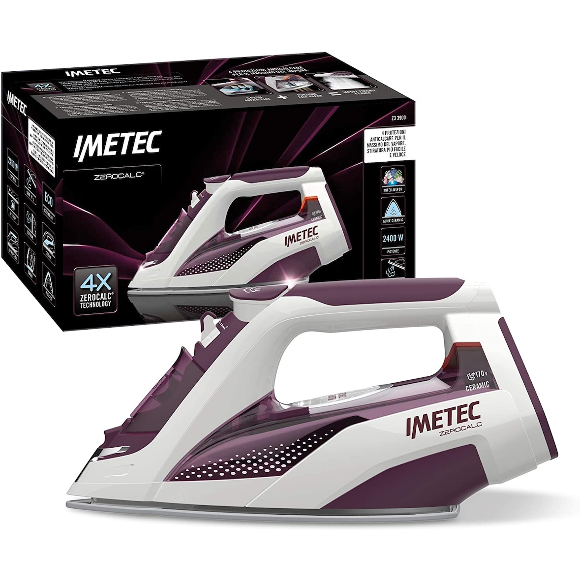 Imetec Intellivapor Z3 3900, Plancha de vapor, 2.400W, 4 sistemas anti cal, suela cerámica, multicolor, función Cal Clean