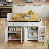 thumbnail of Kücheninsel Weiß-Natur 140x70x91 cm mit klappbarer Arbeitsplatte, 4 Türen, 3 Schubladen, Handtuchhaltern und 360-Grad-feststellbaren Rollen