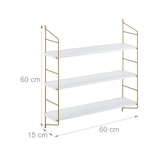 thumbnail of Relaxdays Wandregal, HxBxT: 60 x 60 x 15 cm, Schweberegal mit 3 Ablagen, MDF & Eisen, Hängeregal Wohnzimmer, weiß/gold