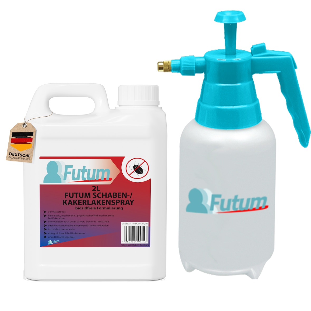 FUTUM 2L Schabenspray / Kakerlakenspray bekämpft Insekten, Eier, Larven ohne Biozide auf Wasserbasis,  Sofortwirkung ohne Flecken  + 2L Sprüher