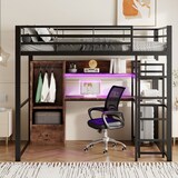 thumbnail of Hochbett 140x200 aus Metall mit LED-Beleuchtung, Schreibtisch und Stauraum, modernes Etagenbett mit Regalen und Schubladen Schwarz