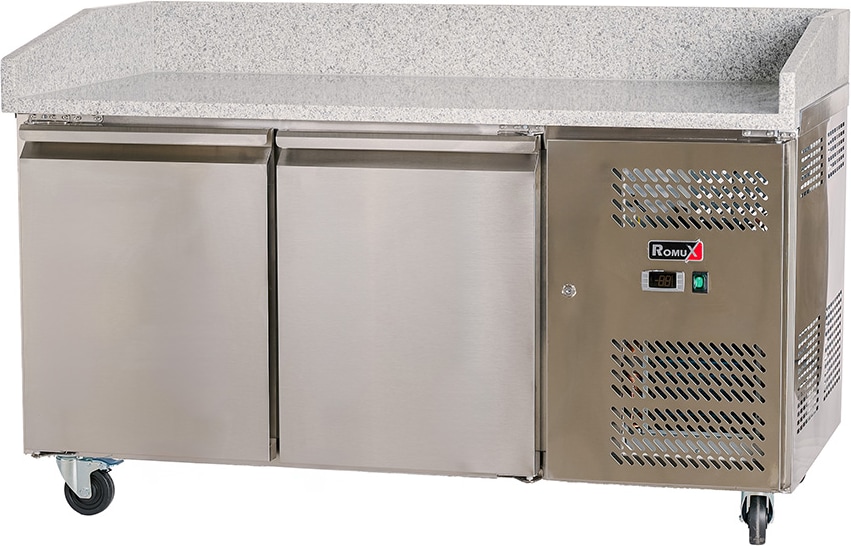 Romux® Pizzatisch 2 Türen 150x80 cm mit Arbeitsfläche aus Granit mit Umluftkühlung | Pizzakühltisch aus Edelstahl