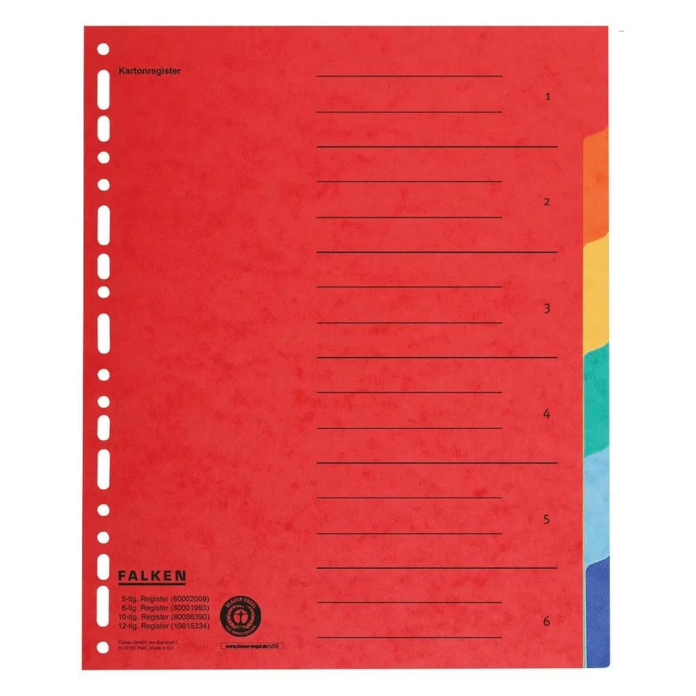 Falken 80001993 20x Register Karton, 24,0 x 29,7cm, 230g/m2 Manila-RC-Krt., 6-teilig - Farben sortiert
