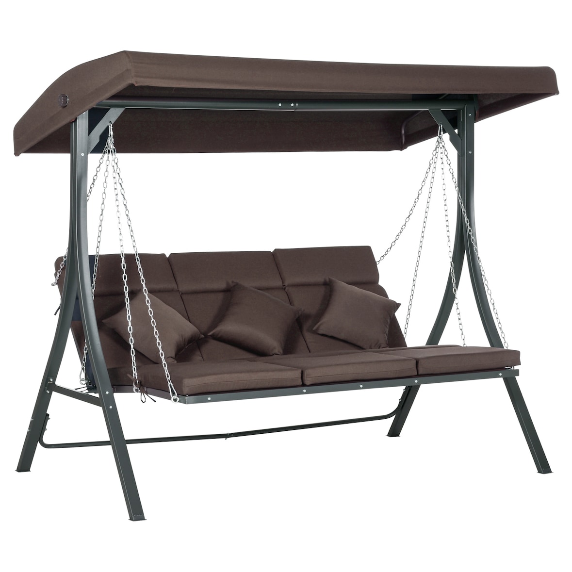 Hollywoodschaukel 3-Sitzer mit verstellbarem Sonnendach Braun 168x198x118 cm mit Kissen, Metallgestell wetterfest für Garten und Terrasse