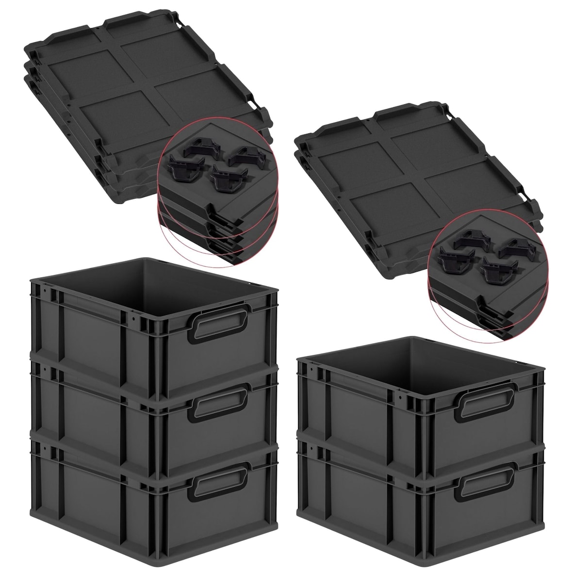 PROREGAL SparSet 5x Eurobox NextGen Color mit Auflagedeckel & Verschlüsse, HxBxT 17x30x40cm, 16L, Schwarz, Griffe schwarz zu, Eurobehälter