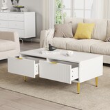 thumbnail of Couchtisch 100x50x40 cm Weiß MDF 2 Schubladen Metallbeine Moderner Wohnzimmer Tisch Aufbewahrung Ablagefunktion Gold Akzent