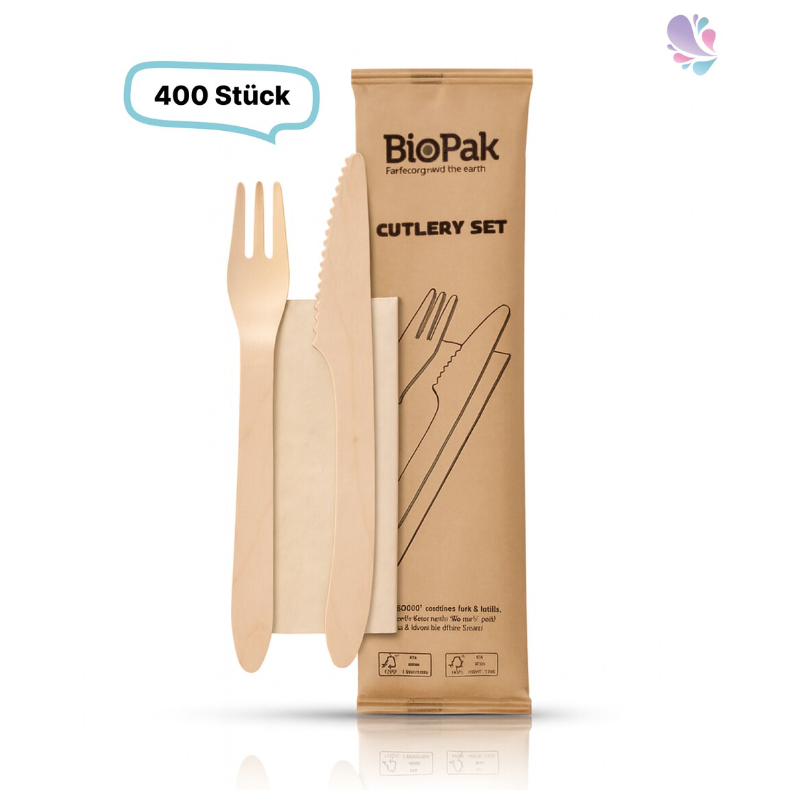 SET: Holzbesteckset Premium Messer und Gabel inkl. Serviette Einwegbesteck, 400 Stk, Holz gewachst, einzeln verpackt