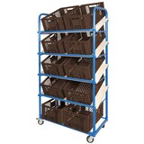 thumbnail of Schrägboden-Regalwagen mit 5 Ebenen, BxTxH 1050x500x1880 mm, 4 Lenkrollen, 2 Rollen mit Feststellbremse mit 10 Euroboxen BxTxH 600x400x240 mm