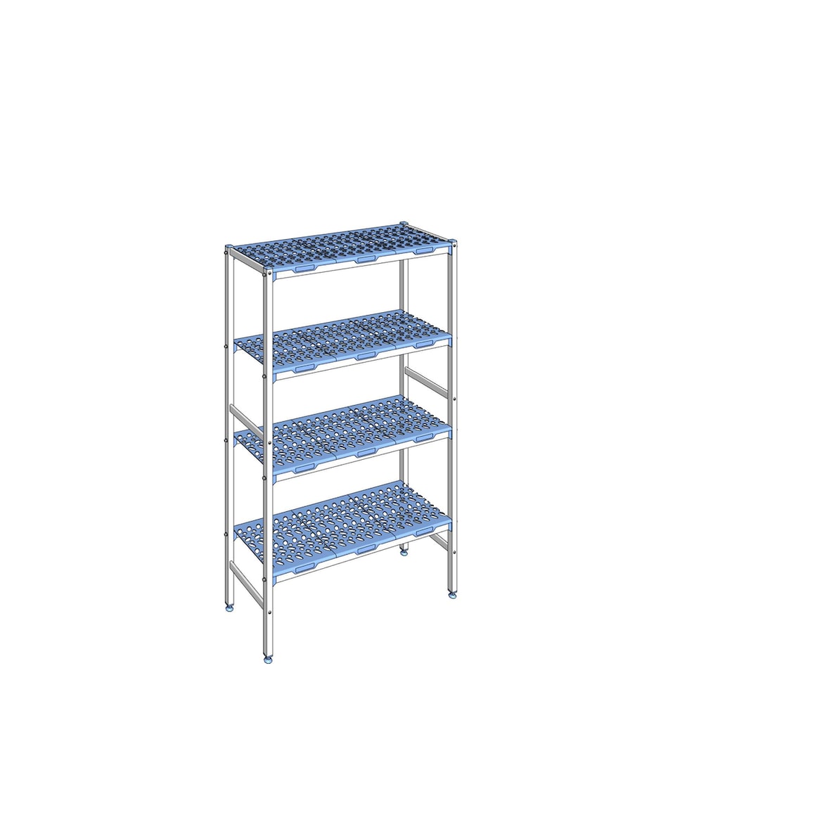 Alu Tournus-legbord met geperforeerde kunststof panelen:  1092mm lang, 400mm diep, 1750mm hoog, 4 niveaus Basislegbord Draagvermogen: 200 kg/niveau