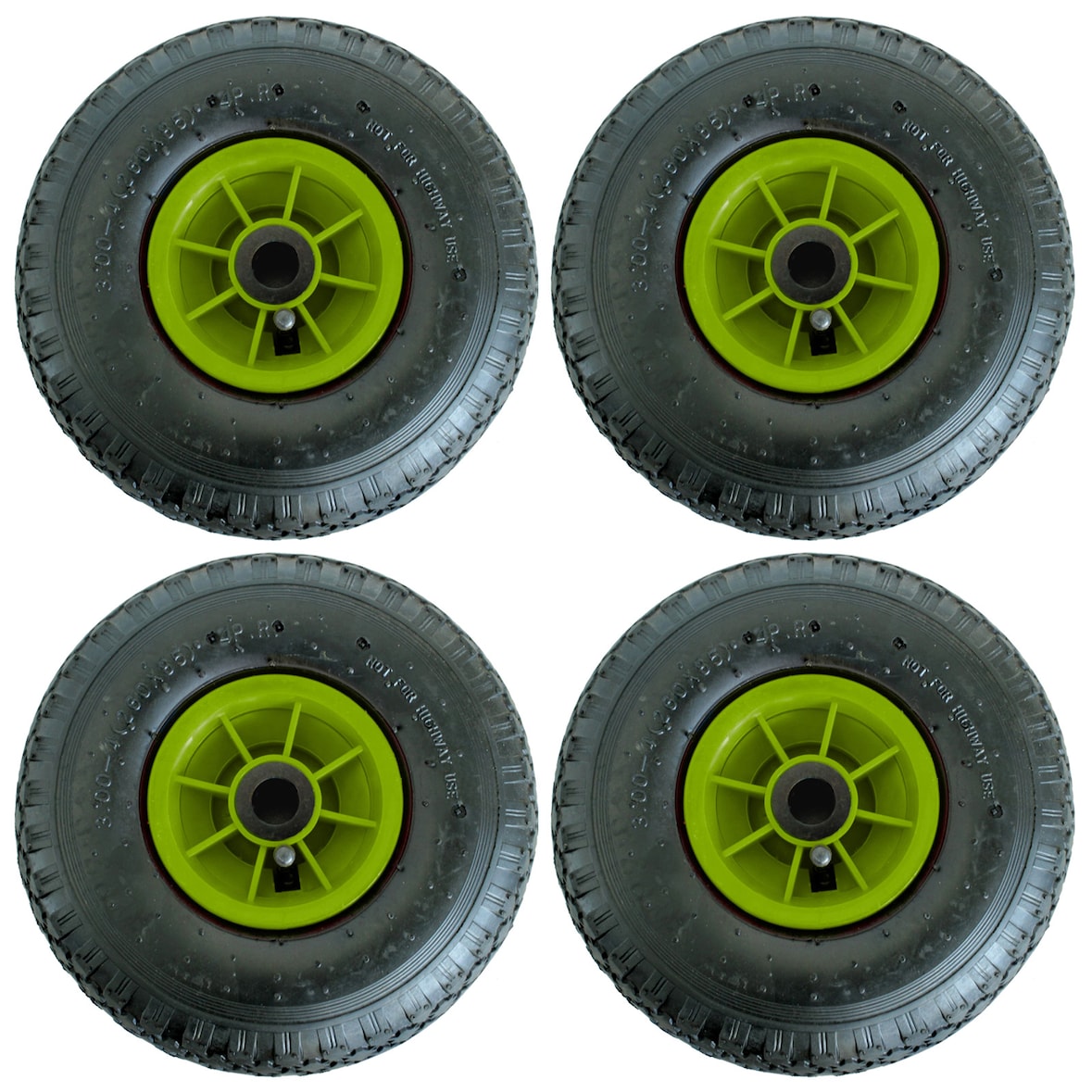 4x Sackkarrenrad Luftrad 260x85 mm 3.00-4 75 mm zentrierte Nabe Ø 20 mm grün robustes 4 PR Gewebe