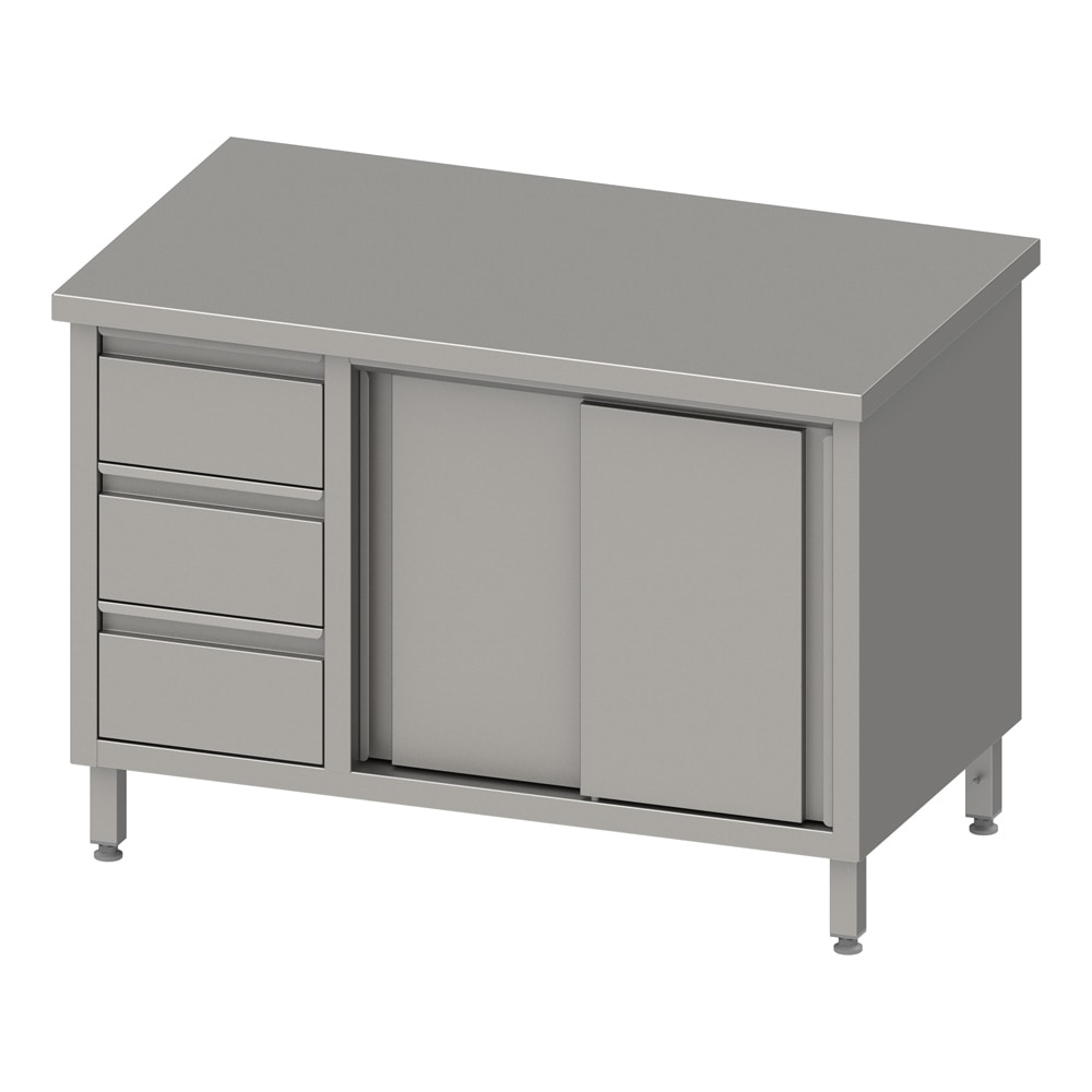 Stalgast Edelstahl Arbeitsschrank mit Schiebetüren, 1300x700x850 mm, mit 3er Schubladenblock links, ohne Aufkantung, verschweißt