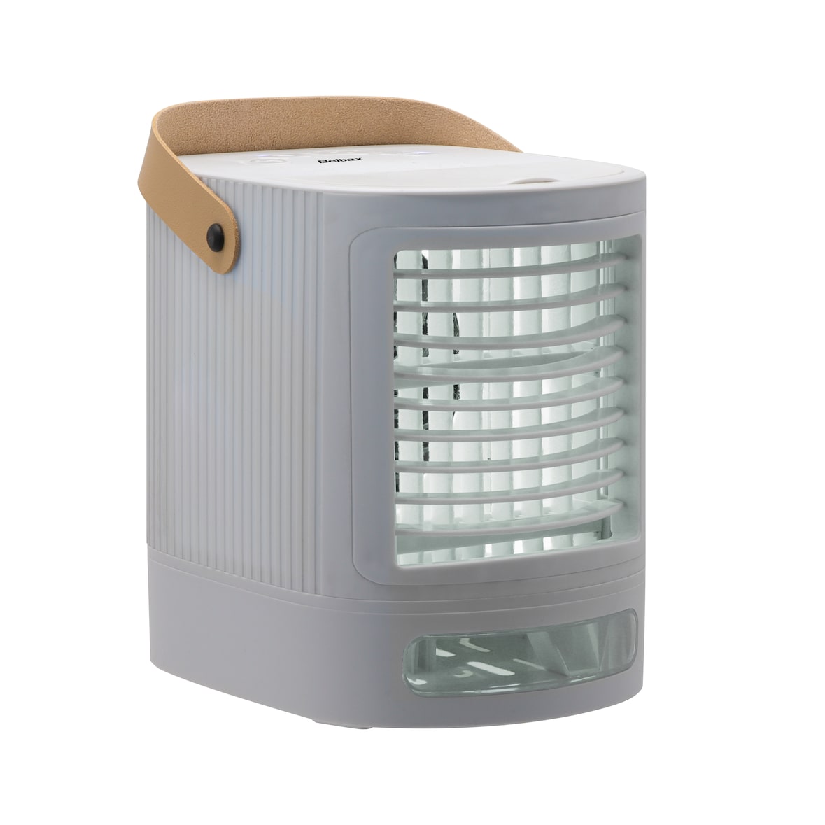 Mini climatizador Beltax BCL-4007; Potência: 5W; Capacidade: 700ml; 3 velocidades; Iluminação com 7 cores; Função humidificador