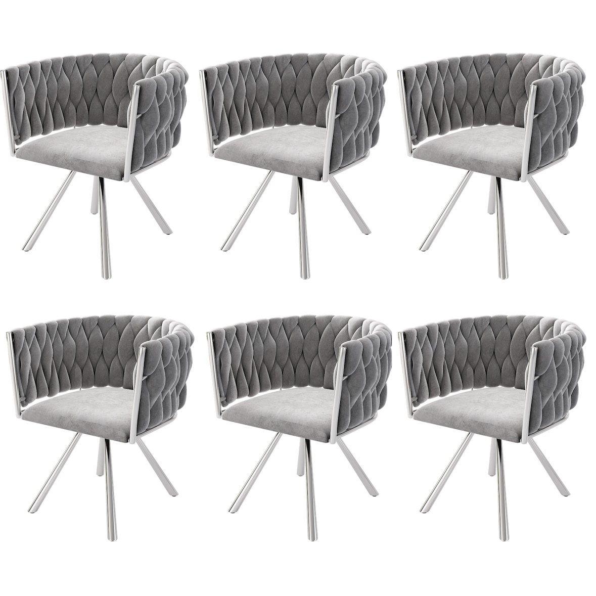 Merax Samt-Esszimmerstuhl, 6er set, Schlafzimmer-Drehstuhl, 360° drehbar Freizeit-Drehstuhl mit vier Stützbeinen aus Metall, Grau+Silber