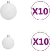 Zehn weiße Christbaumkugeln.