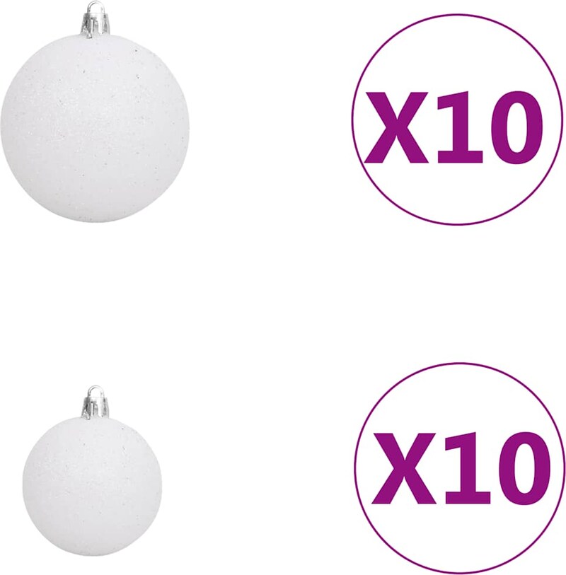 Zehn weiße Christbaumkugeln.