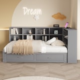 thumbnail of Schlafsofa 90/180 cm aus Massivholz mit ausziehbarem Bett, Stauraum, Steckdose – vielseitiges Design in Grau
