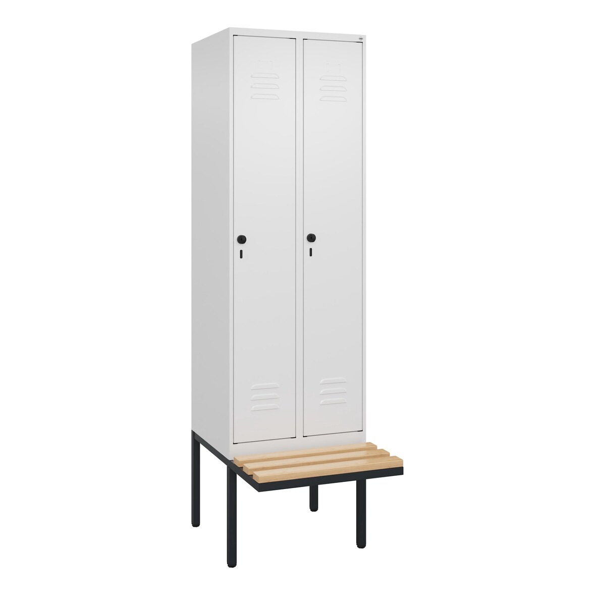C+P Spind Classic PLUS, schwebender Sitzbank aus Buche 2 Abteile, HxBxT 212x60x82cm, Sicherheitsdrehriegel, Verkehrsweiß von PROREGAL