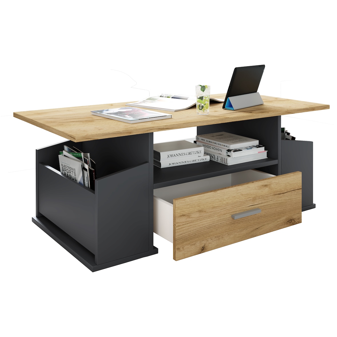 VCM Beistelltisch & Couchtisch Junata Anthrazit / Honig-Eiche H. 44  x B. 110  x T. 52 cm