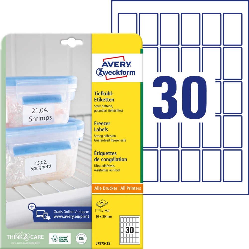 Avery Zweckform L7975-25 Tiefkühl-Etiketten, 30 x 50 mm, kälteresistentes Papier, 25 Bogen/750 Etiketten, weiß