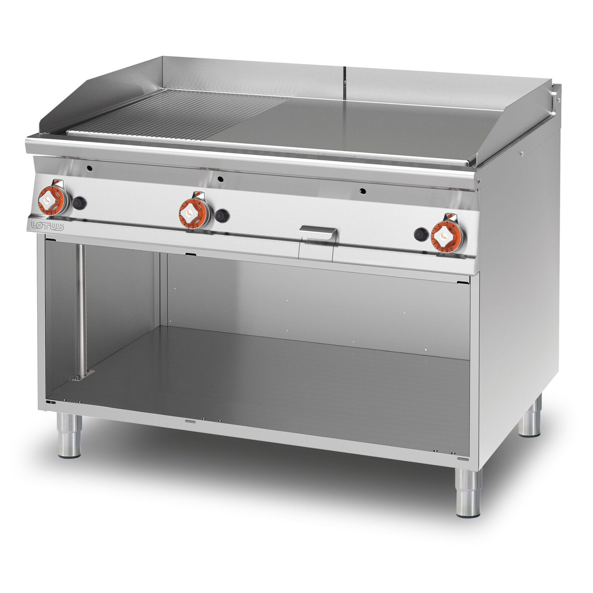 Fry top gas 1/3 rigato 2/3 liscio 3 zone di cottura. Struttura in acciaio Inox. Misure 120x90 h90 cm. Modello FTLR-912G