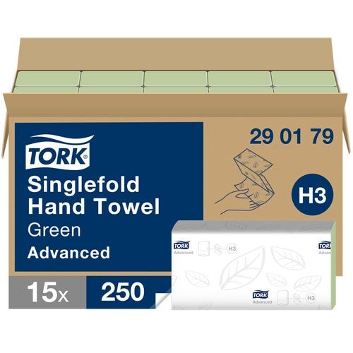 Tork Advanced Toallas de papel 100% recicladas H3 plegadas en V (zig-zag) Verde de 2 capas 290179 15 unidades de 250 hojas cada una