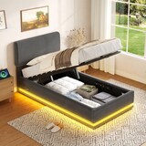 thumbnail of Merax Einzelbett 90x200, Polsterbett mit LED & USB-C, höhenverstellbarem Kopfteil & Unterbett-Stauraum, Cord, Grau