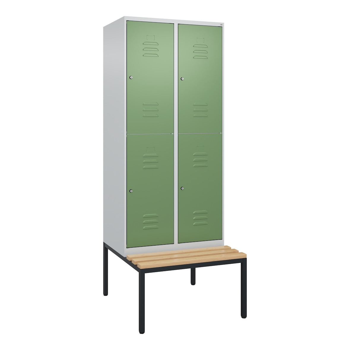C+P Spind Classic PLUS, Buche untergebaute Sitzbank-Harthol, 4 Abteile, HxBxT 212x80x82cm, Zylinderschloss, Hellgrau/Resedagrün von PROREGAL