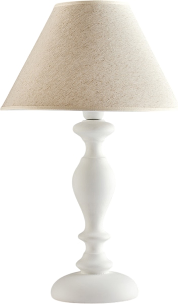Eine weiße Lampe mit einem beigen Lampenschirm.