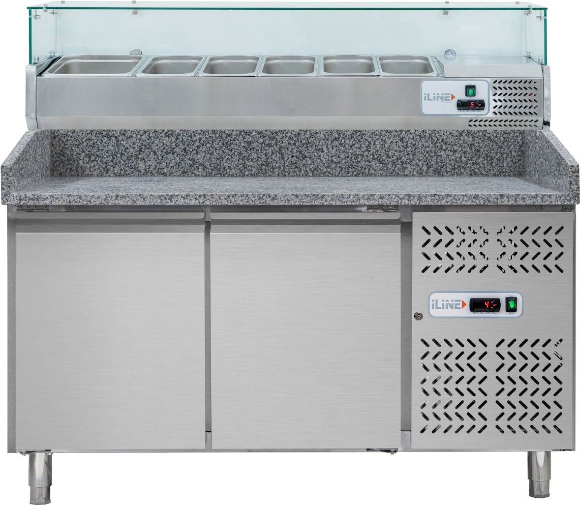 2-türige Pizzatheke + Kühlvitrine. Platte aus Granit. Struktur aus rostfreiem Stahl. Temperatur: Theke -2/+8°C Vitrine +2/+8°C. PrismaFood DB2600TN