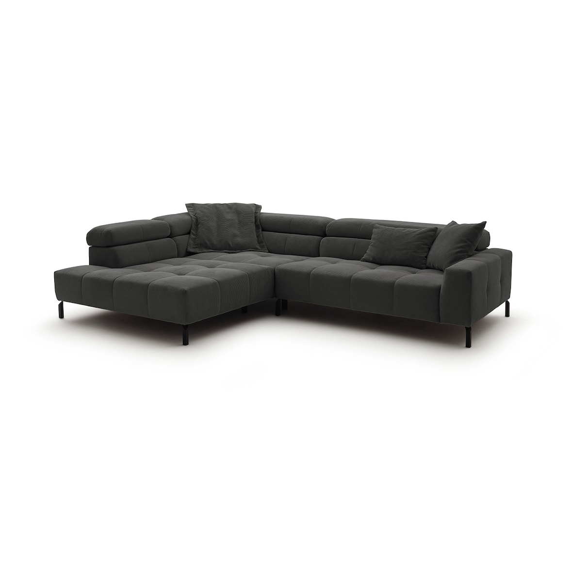 KAWOLA Sofa OHIO Ecksofa Feincord anthrazit mit motorischem Sitzvorzug Recamiere links