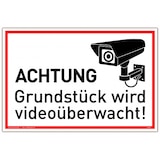 thumbnail of Schild Achtung Grundstück wird videoüberwacht! weiß | stabiles Alu Schild mit UV-Schutz 30 x 20 cm