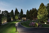 Beleuchteter Gartenweg mit Bäumen und Blumen.