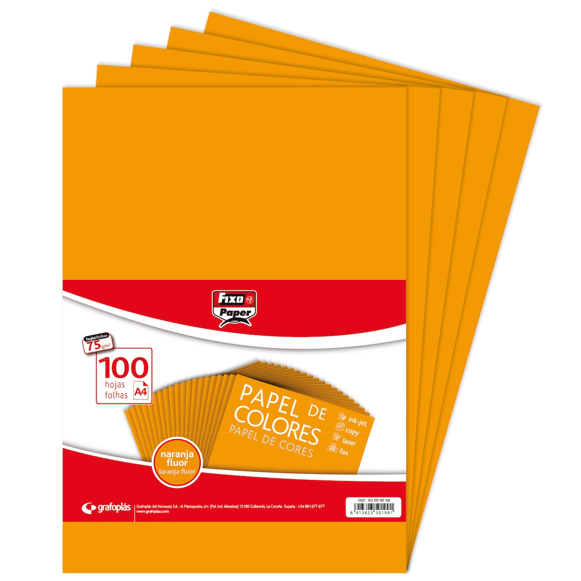 Pacote de 100 folhas Papel colorido A4 80g laranxa fluor