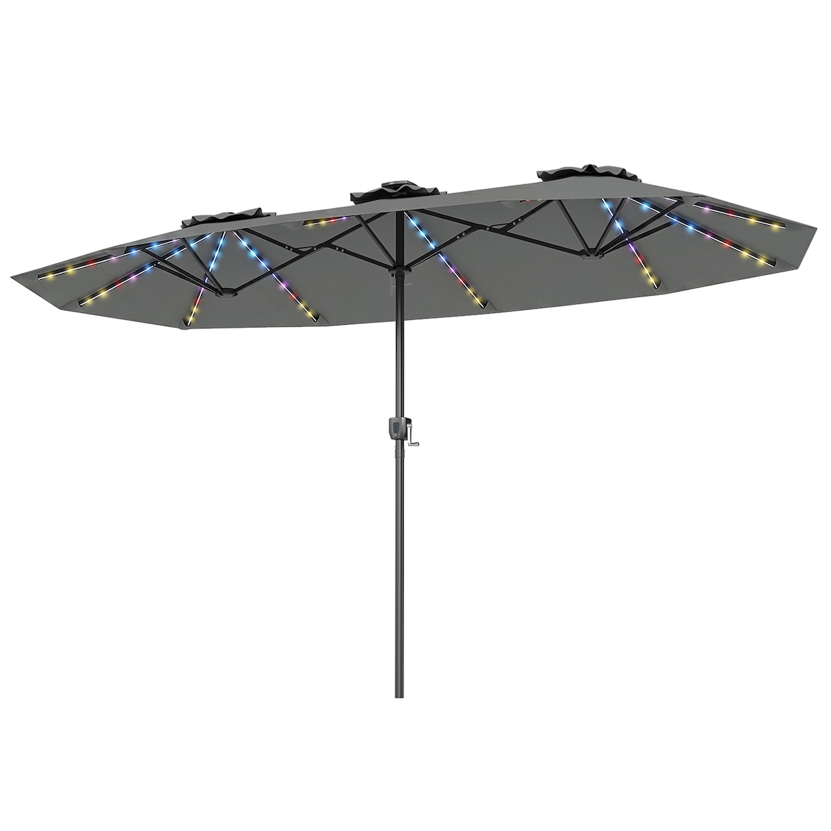 COSTWAY Doppel-Sonnenschirm 440x260cm, Kurbel, LED-Solar, 12 Modi, 2 Ladeoptionen, Garten, Markt, Grau.