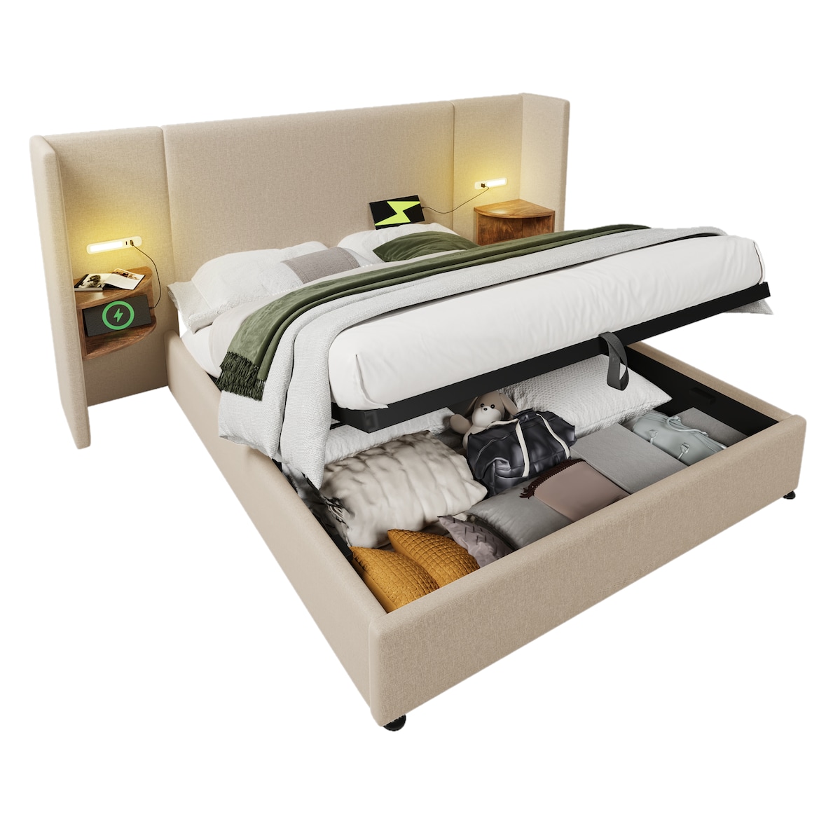 Polsterbett 160x200 Beige mit Holzregal Kopfteil, LED-Leselampe, USB-C, hydraulischer Stauraum, Metallrahmen und Massivholzlatten