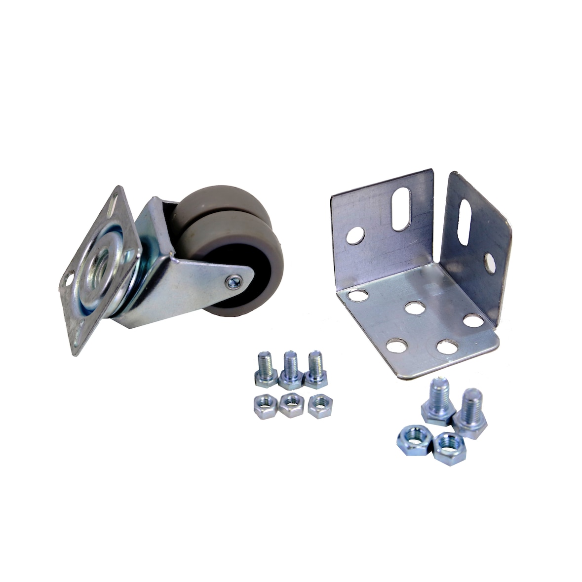 Roda dupla sem travão 50 mm + pé + 3 parafusos M6 + 2 parafusos M8 + porcas