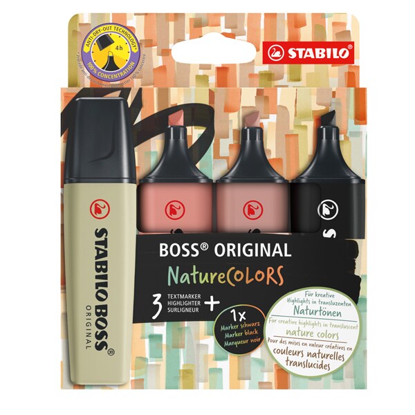 STABILO 4 surligneurs BOSS ORIGINAL NatureCOLORS - marron glacé, orange rouille, vert tilleul, noir