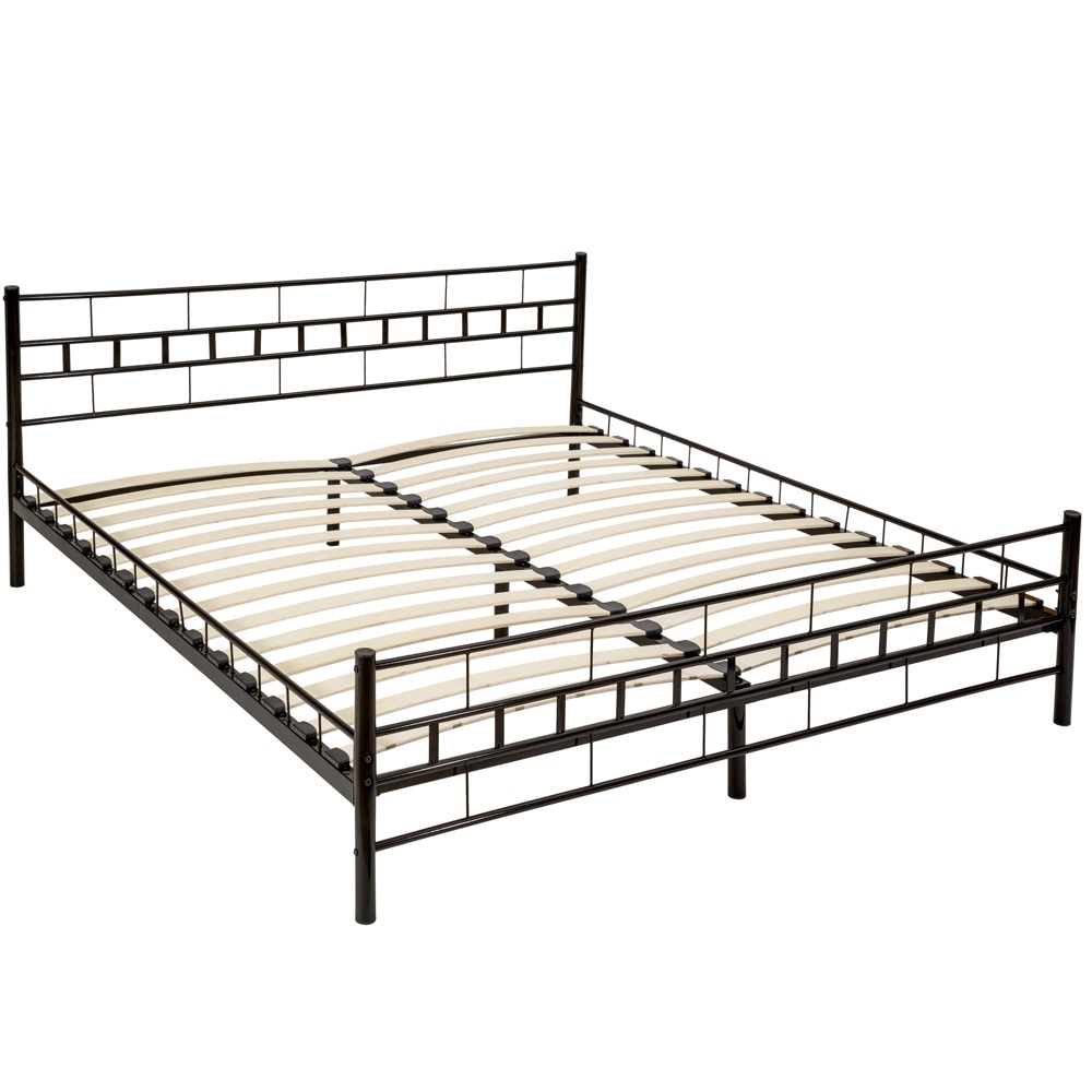 tectake  Cama de casal com cabeceira e pé em aço e estrado de ripas de madeira 200 x 180 cm Preto