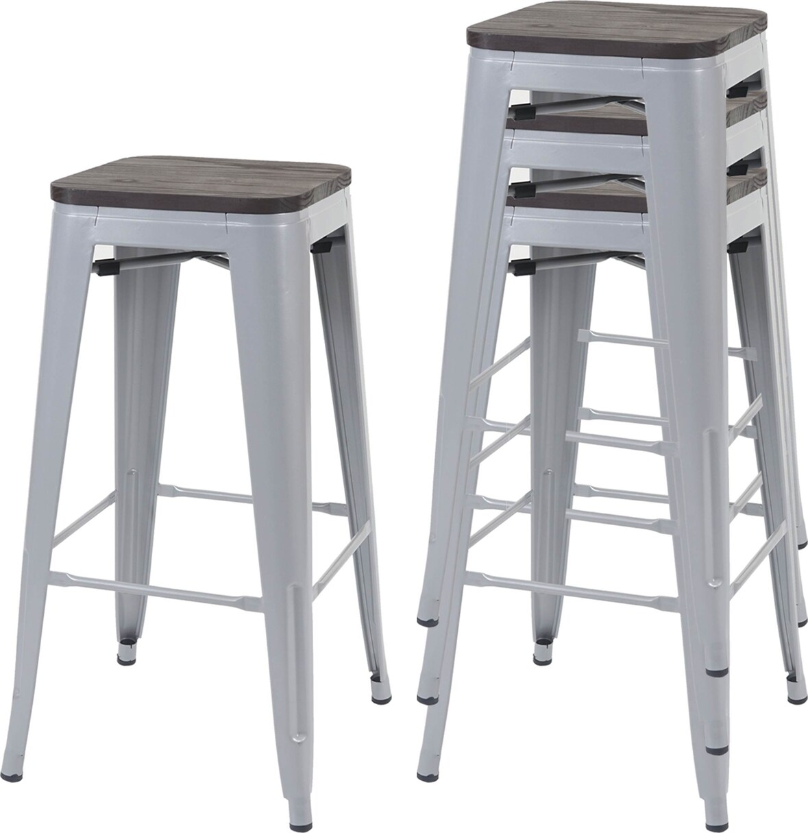 4er-Set Barhocker inkl. Holz-Sitzfläche | Sitzhöhe 76cm | Metall Industriedesign stapelbar | Grau | Barstuhl Tresenhocker