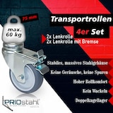 thumbnail of PRIOstahl Apparaterollen Grau 75mm mit Rückenloch + Stift M10x25mm 2x Lenkrollen + 2x Bremsrollen