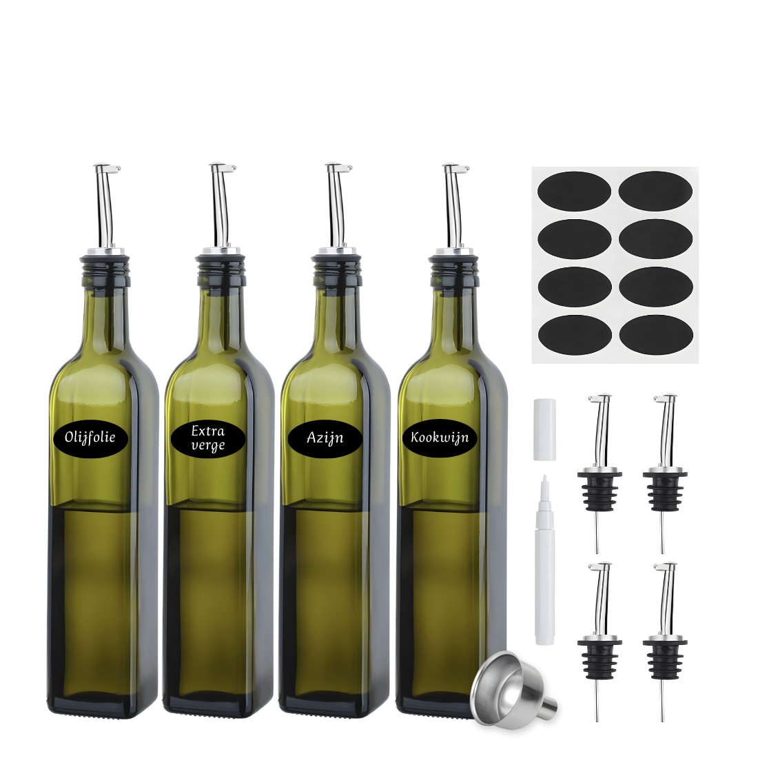 Olieflessen - 4 Delige Set - 500ML - Groen - Met RVS Schenktuit, Trechter, Stickers & Stift - Olie- en Azijnstel - Glazen Oliefles - Olijfolie Fles