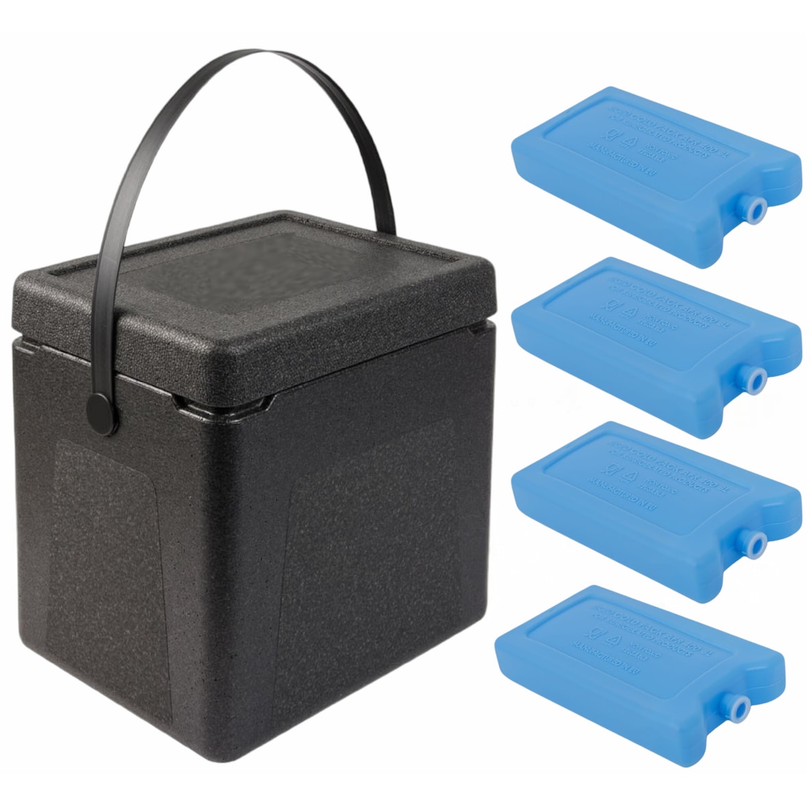 KIT FRÍO - Contenedor isotérmico con asa de transporte 20L polipropileno negro EPP/PPE - Apertura superior + 4 bolsas refrigerantes de 400 g