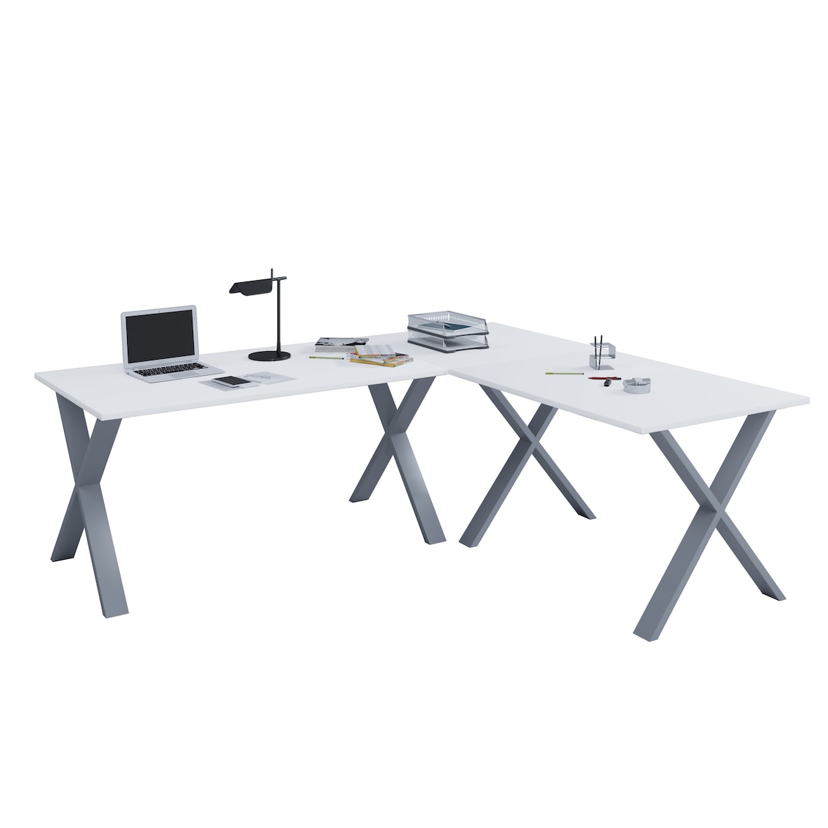 VCM Schreibtisch Lona Silber / Weiß H. 76 x B. 220 x T. 190 cm