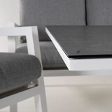 thumbnail of Conjunto sofás exterior, Aluminio reforzado color blanco, Sofá 3 plazas + 2 sillones reclinables + Mesita café, 5 plazas, Cojines color gris
