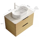 thumbnail of Badezimmer-Waschtisch 62×75×46 cm mit ovalem Keramikwaschbecken, Travertin-Sintersteinplatte, Eichenholz-Schrank mit 2 Schubladen, Beige