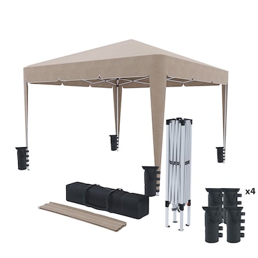Gazebo Pieghevole Impermeabile 3 x 3 M Giardino Con 4 Sacche Pesi Sacca Trasporto Chiusura Fisarmonica Struttura Acciaio Copertura 160 gr/m² Tortora