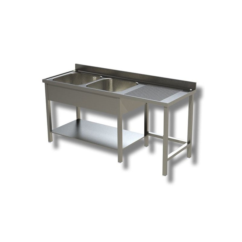 Lavatoio su gambe a 2 vasche. Sgocciolatoio per inserimento pattumiera. Prof. 70 - 200x70x85H, AISI 304, Sgocciolatoio DESTRO, SENZA ruote