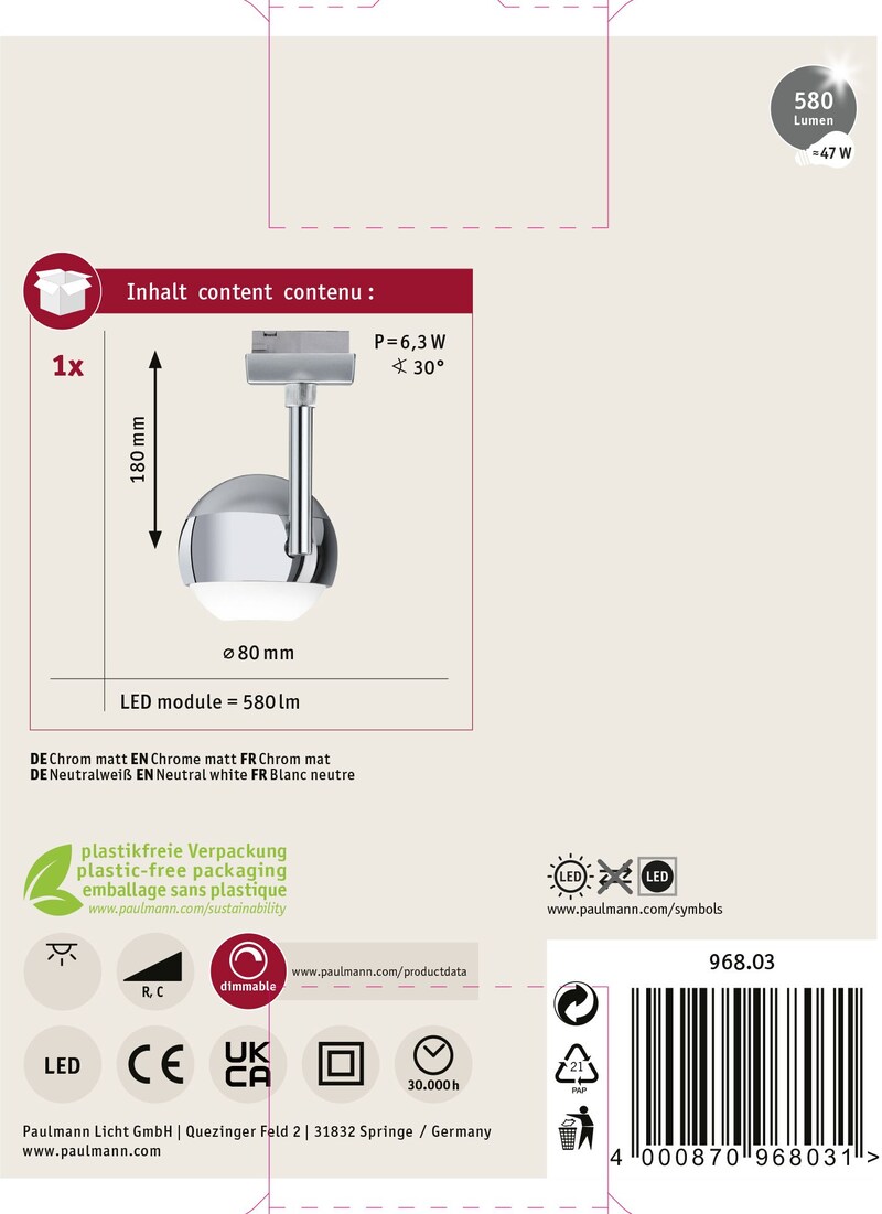 Eine einzelne silberne Deckenleuchte mit LED-Modul.