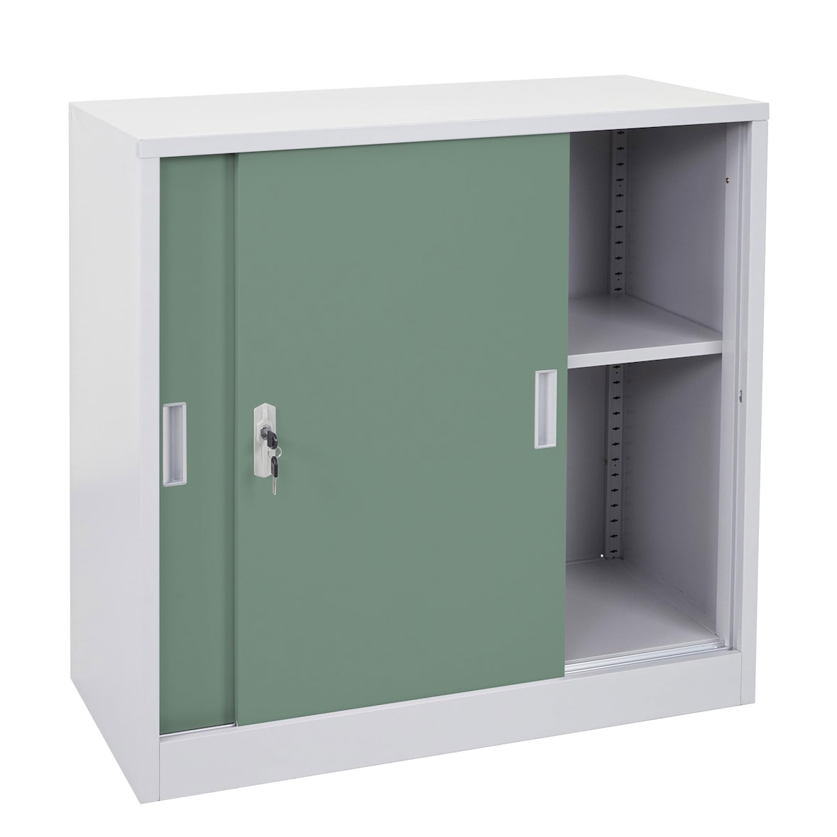 Aktenschrank, klein | HxBxT 90x90x45cm | mit abschließbaren Schiebetüren | Grün| Stahlschrank Büroschrank