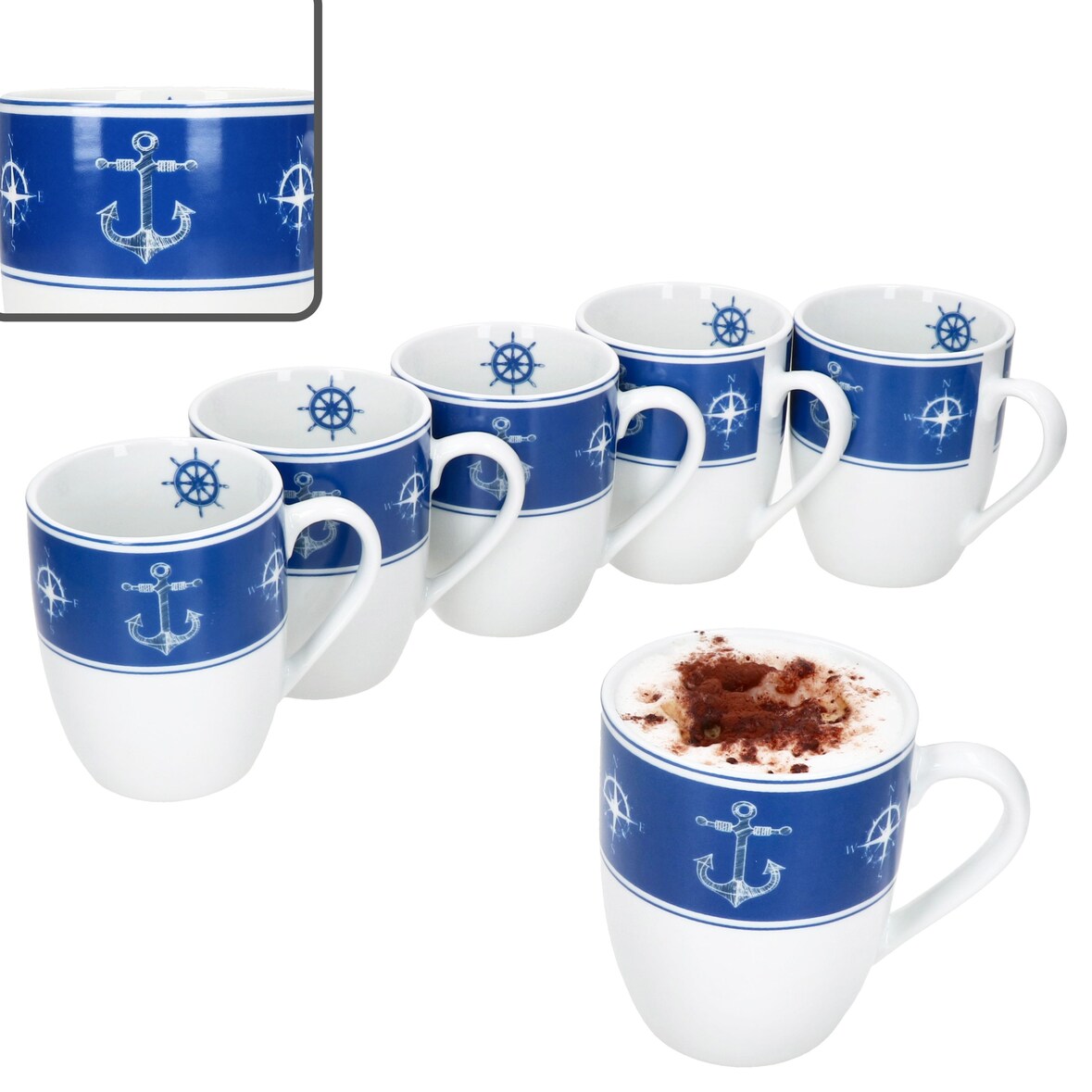 Ahoi 6x Kaffeebecher 280ml Porzellan-Tassen 6 Pers Tee Kakao nautisch Anker
